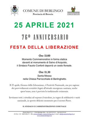 25 aprile 2021: il Comune di Berlingo commemora il Giorno della Liberazione.