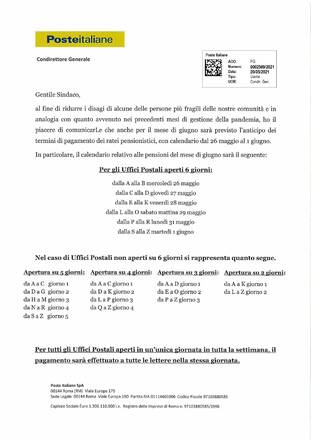 Poste Italiane - Pagamento ratei pensionistici, con calendario dal 26 maggio al 01 giugno 2021.