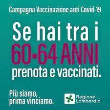 Piano di Vaccinazione anti Covid-19 di Regione Lombardia: dalle ore 23:00 del 22 aprile aperte le prenotazioni per i 60 - 64enni.