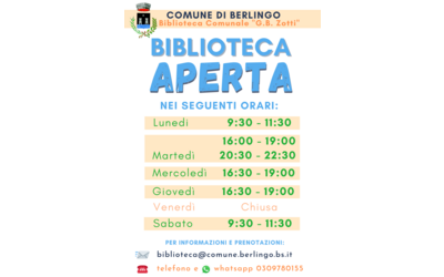 Immagine: Orari Biblioteca di Berlingo - Settembre 2023